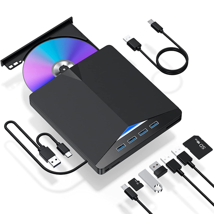 Външно DVD записващо устройство, Yulinland, USB 3.0/Type-C кабел, Plug and Play, Тънък дизайн и противоплъзгащ дизайн, CD, DVD +/-, RW, SD, TF, Съвместимо с лаптоп, PC, настолен компютър, Mac Os, Windows 11/10/8/7, Linux OS, Черен