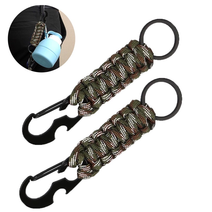 Set 2 brelocuri carabiniera cu snur paracord, camuflaj verde militar, 1.5m