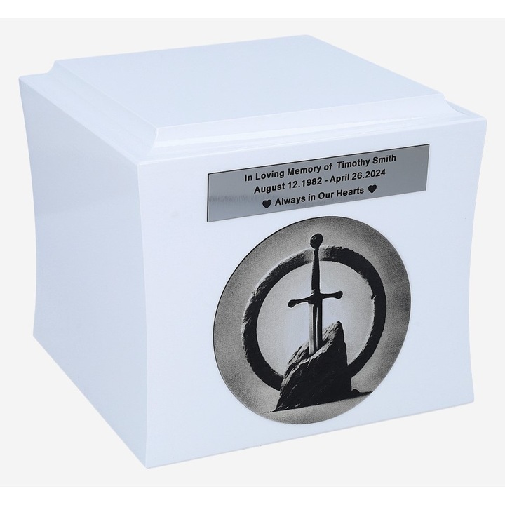 Urna din lemn cu sabie, Remember Forever, alb/negru, personalizabil, 30x20x15cm