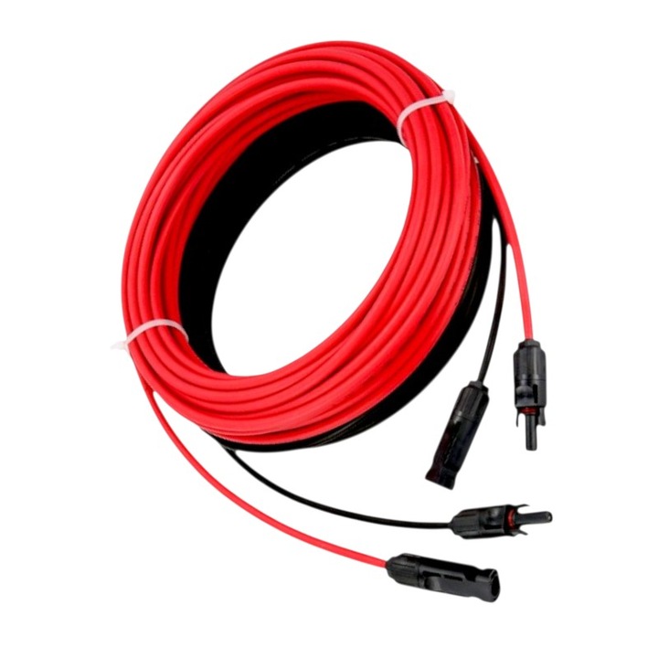 Cablu solar fotovoltaic, sectiune 6mm2, cu conector MC4, lungime 2x6m, rosu, negru, clasa protectie IP67, rezistent ozon si UV, rezistent la coroziune, interior si exterior