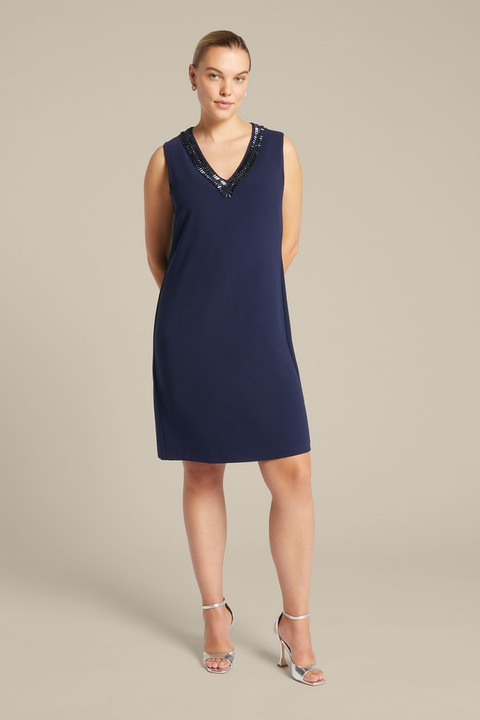 ELENA MIRÒ, Rochie dreapta fara maneci cu decolteu cu margele, Bleumarin