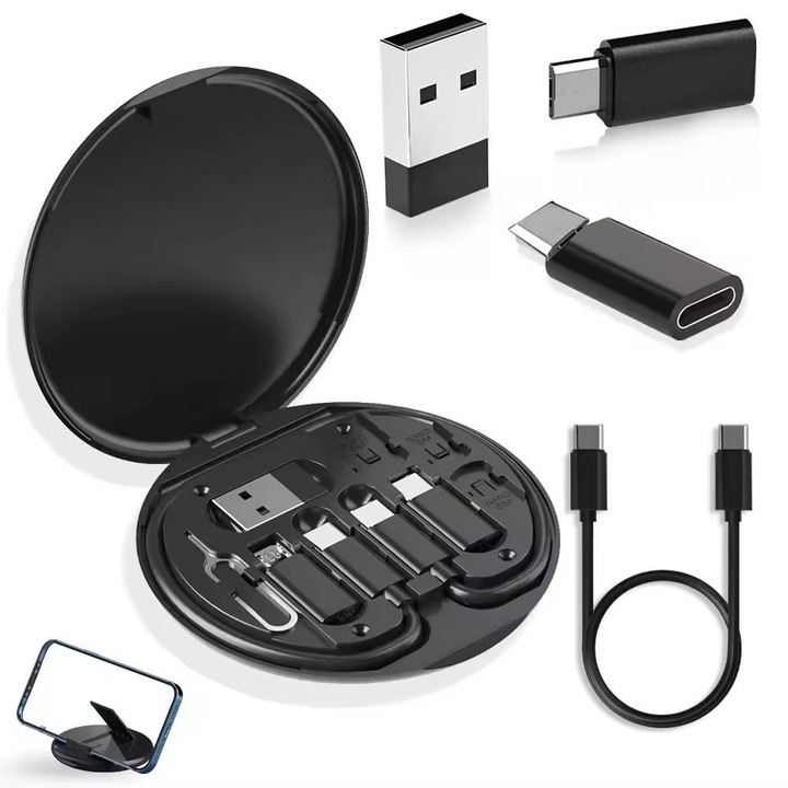 5 az 1-ben töltő- és adatkábel, PRESTIGE CHARGE®, USB-C-USB-C SuperFastCharge 60 W-os kábel, USB adapter, microUSB, Lightning, univerzális, 10 cm, fekete