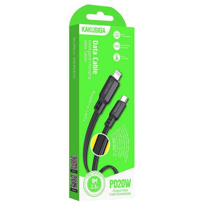 Kaku adat- és töltőkábel (KSC-808), USB-C a Lightninghez, PD20W, QC3.0, 1 m, fekete