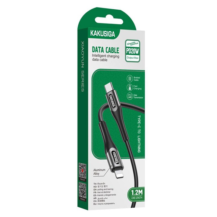 Cablu Date si Incarcare Kaku (KSC-724), USB-C la Lightning, PD20W, QC3.0, 3A, 1.2m, Black