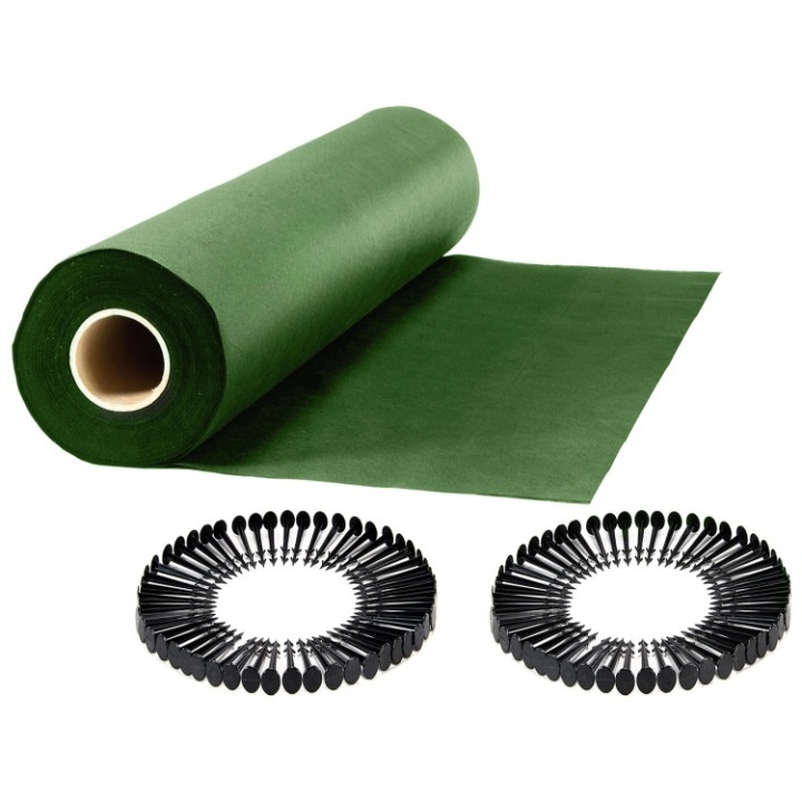Set folie agrotextil de gradina DacEnergy©, material polipropilena UV 3%, gramaj 90 g/m², 1, 6 x 100 m, 100 buc de ace, verde