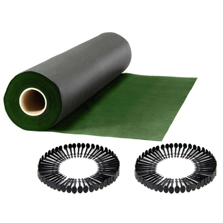 Set folie agrotextil de gradina DacEnergy©, material polipropilena UV 3%, gramaj 90 g/m², 1, 6 x 50 m, 100 buc de ace, negru si verde