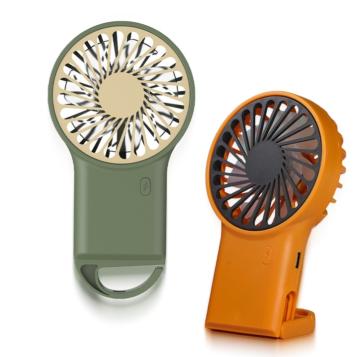 2 darabos hordozható ventilátorkészlet, asztali és kézi ventilátor, összecsukható, 3 sebességfokozat, erős motor, USB töltés, újratölthető akkumulátor, hordozható, zöld/narancssárga
