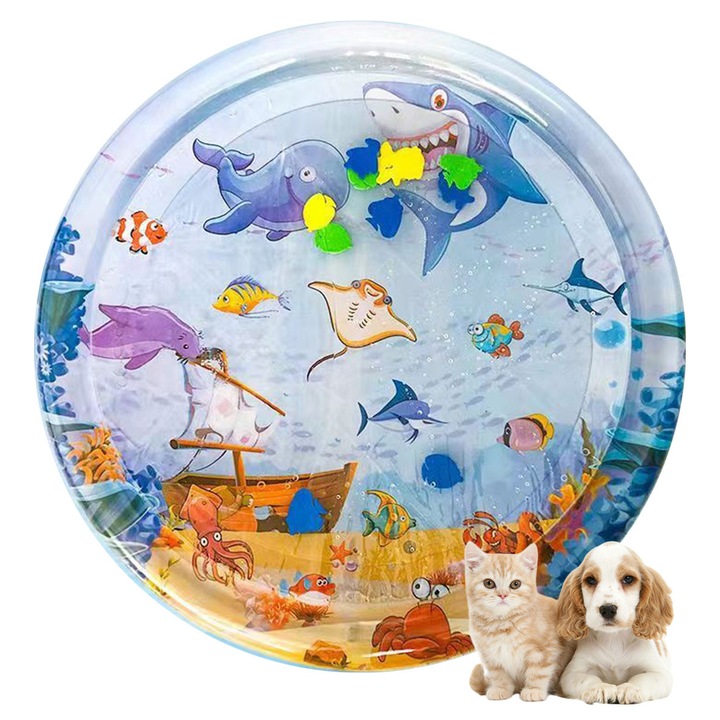 Vízmatrac, 100 cm átmérőjű, vastagított PVC-ből, felfújható nyári vízágy gyerekeknek, hűvös és hűsítő, játszószőnyeg macskáknak és kutyáknak, interaktív vízi szenzoros szőnyeg állatoknak, beltéri és kültéri képzéshez