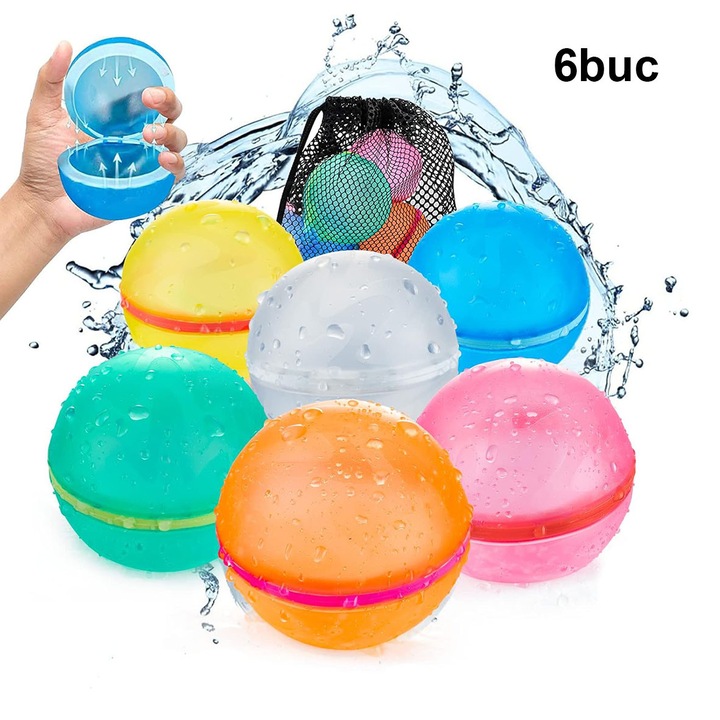 Set 6 Bile acvatice magnetice, material silicon moale, reutilizabila, umplere usoara si rapida cu auto-sigilare, sporturi distractive de vara, jucarie de apa, potrivita pentru piscine, plaje, parcuri, curti, accesorii pentru jocuri in aer liber