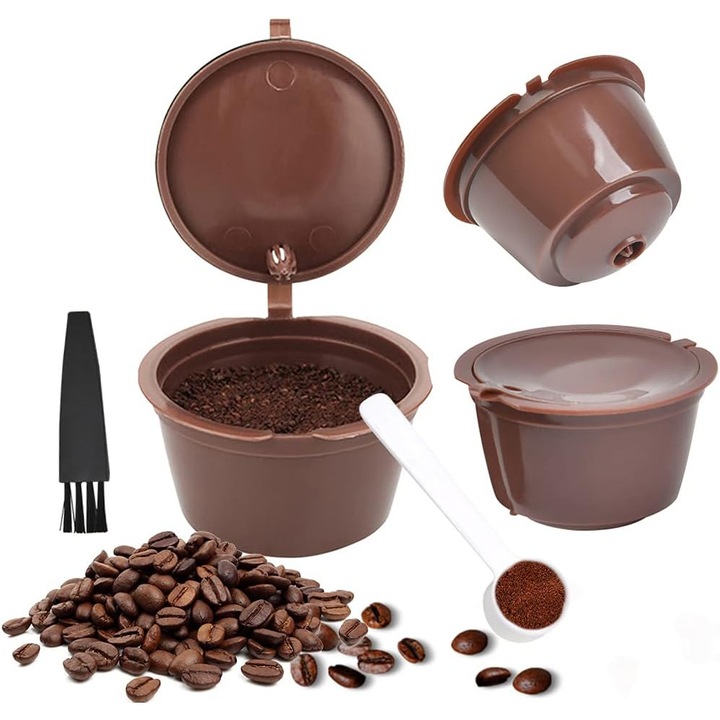 Capsule de cafea reutilizabile, set 3 bucati, compatibile cu aparat Dolce Gusto, 5.4x3.5cm, cu lingura si perie de curatare