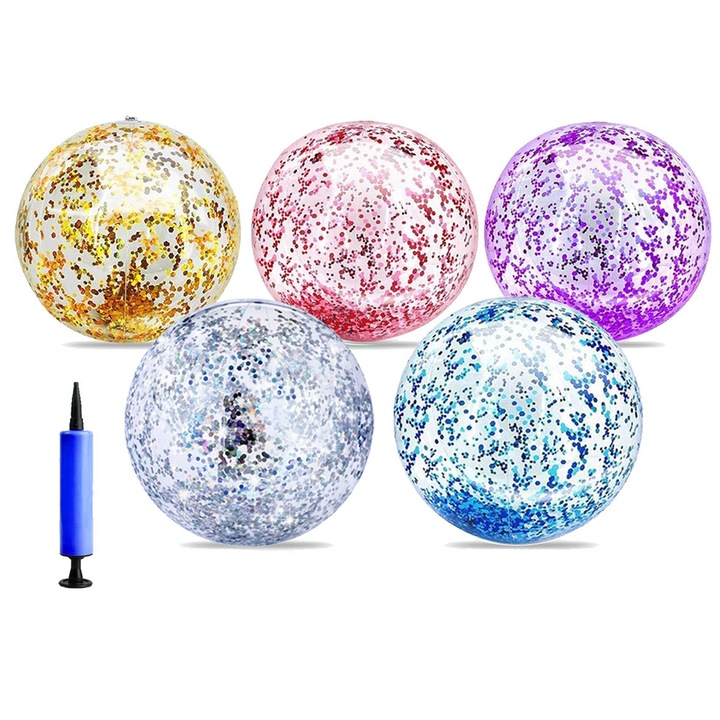 5 db-os felfújható strandlabda csillámmal, PVC, átlátszó, kültéri játék, alkalmas strandokra, strandokra, medencékre, nyári parti ajándékokra, felnőtteknek és gyerekeknek, többszínű