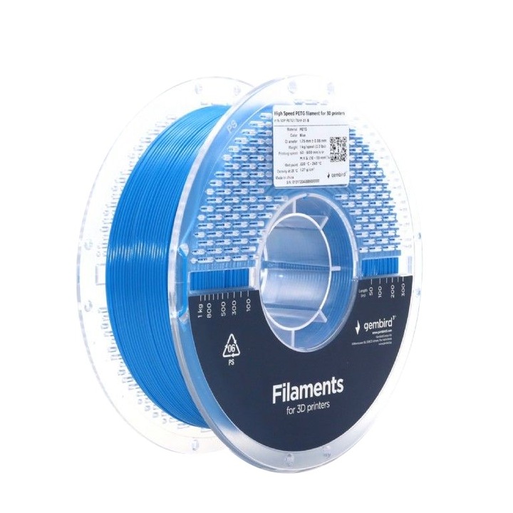 Gembird (3DP-PETG1.75HY-01-B) nagy sebességű PETG filament, 1, 75mm, 1kg, kék