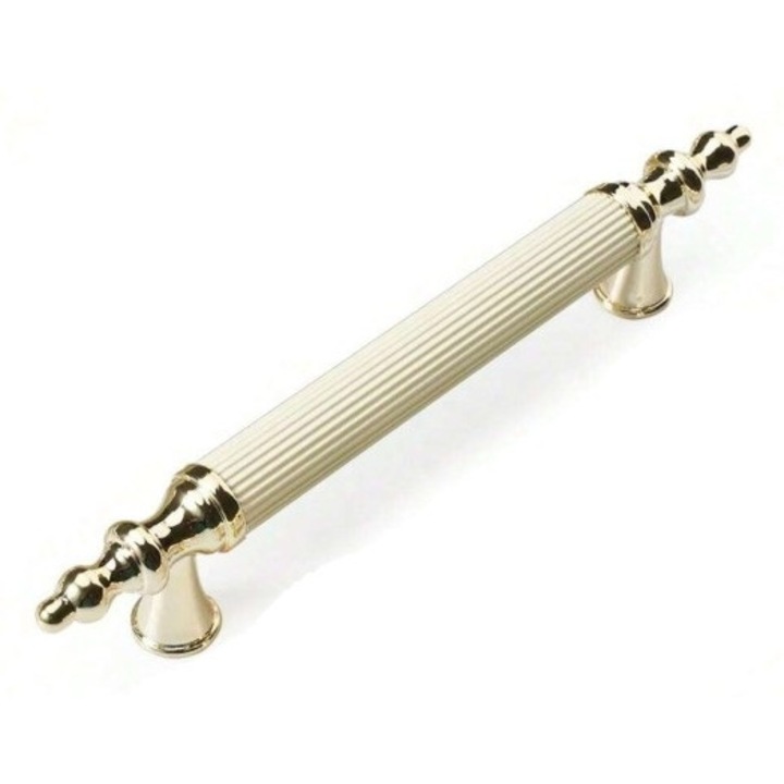 Maner din aliaj pentru sertar sau dulap, design rustic, distanta dintre gauri 12.8 cm/ lungime totala 19 cm cm - L, culoarea auriu si alb, theCasius.®