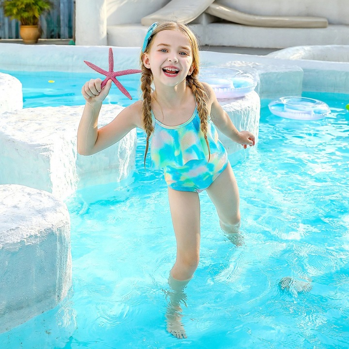 Costum de baie copii, AONYIYI, model sirena, protectie solara UPF 50+, Albastru