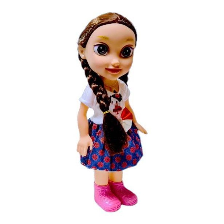 Hosszú, barna hajú, románul beszélő baba, 34 cm