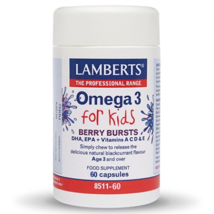 Supliment alimentar copii, LAMBERTS, Omega 3, 60 capsule, cu vitamine A, C, D, E, gust de zmeura