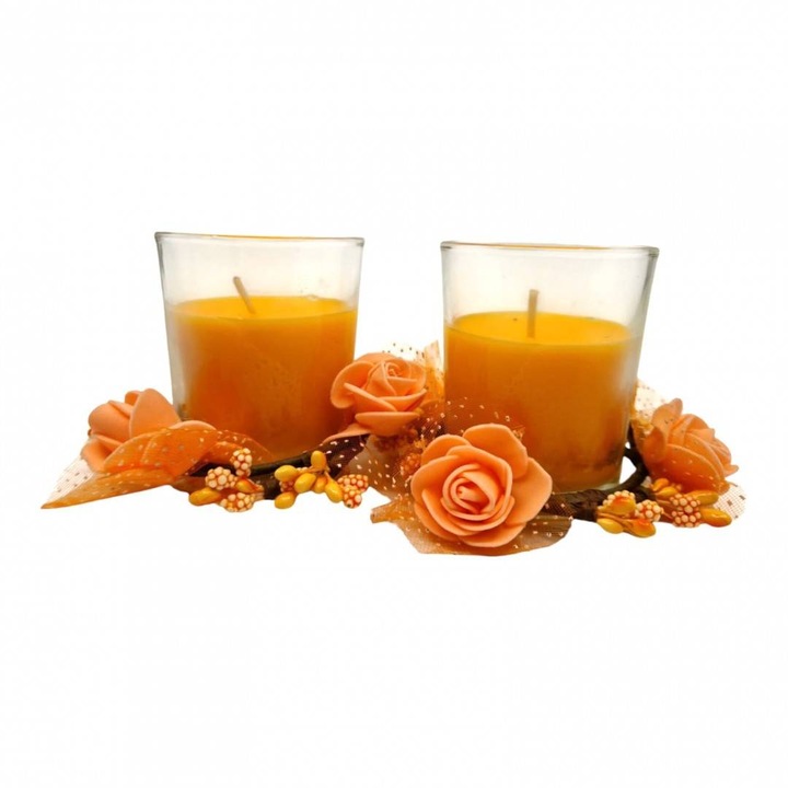 Комплект от 2 ароматизирани свещи в стъкло, декорирани с цветя, подаръчна кутия, оранжево