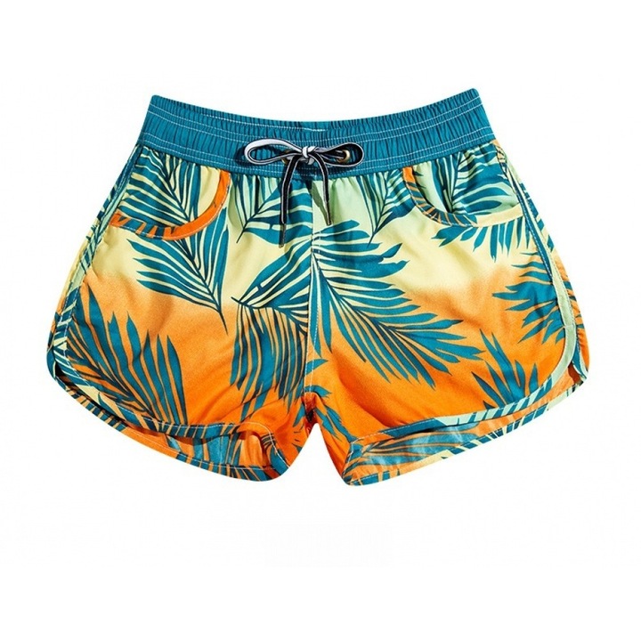 Pantaloni de baie femei, AONYIYI, scurti, cu imprimeu frunze, ajustabili, verde, marimea M