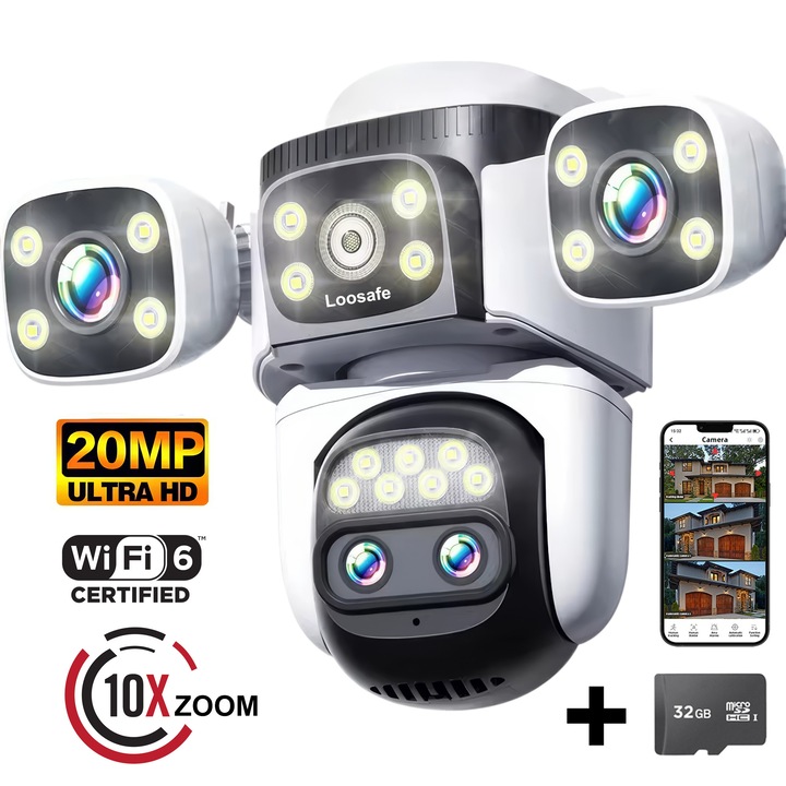Loosafe® QuadZoom 10X безжична камера за видеонаблюдение, 20MP, Outdoor/Indoor, Ultra HD, 10X оптично увеличение, ротация, LED светлини, WiFi функция, PTZ, двупосочна комуникация, сензор за движение, нощно виждане, аларма, черен