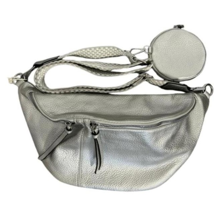 Paolo Bags ezüst hordtáska kivehető pénztárcával és két cipzáras rekesszel, állítható és kivehető nyomtatott pánttal