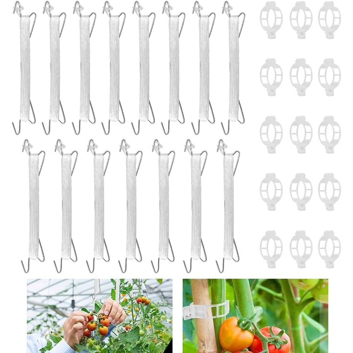 Set pentru legat plante agatatoare, include 15 carlige cu fir nylon de 15 m pentru sustinere rosii, castraveti, vita de vie, 15 clipsuri pentru prinderea tulpinei, nylon si fier, Alb