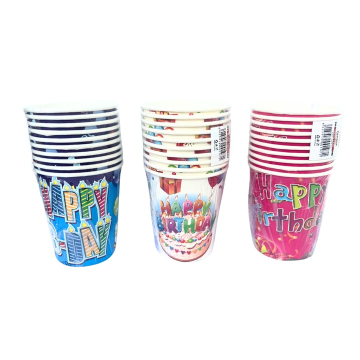 Set 30 Pahare din carton Happy Birthday diverse modele, 8,5 oz