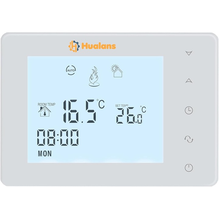 HUALANS termosztát gázkazánhoz, elemekkel, digitális, programozható, falra szerelhető, fehér színű