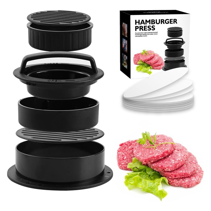 ZGGZERG 3 az 1-ben hamburger prés, Ergonomikus fogantyúval, 100 papírral, Sima, tapadásmentes felület, Masszív konstrukció, Könnyen használható és tisztítható, Hamburgerhez, Sliderhez, Smashburgerhez, Paninihez, Baconhoz, PP, 12,5x12,5x5,5 cm, Fekete
