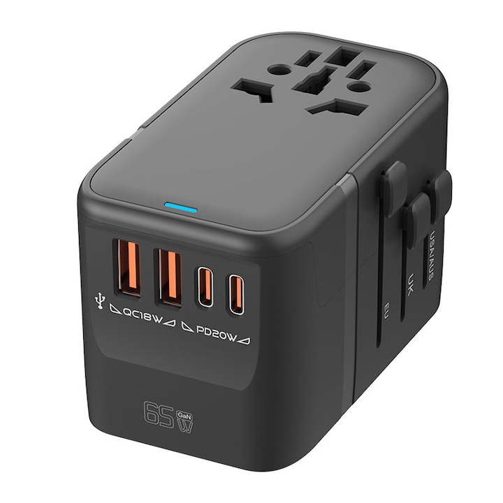 Adaptor incarcator convertor priza, cu 65W+2 USB18W+2 Type-C20W All in one, cu 50cm cablu, pentru US/Japonia, Uk, Australia/China, Elvetia, Italia, Brazilia
