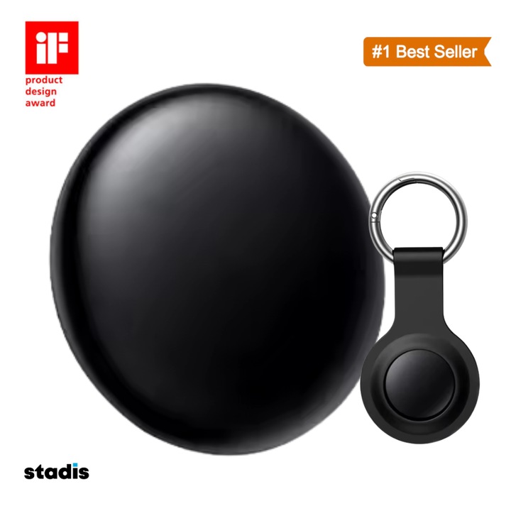 Dispozitiv Anti-Pierdere STADIS™ T11-Pro, Compatibil iPhone, cu Localizare GPS Tracker, Acoperire Globala, Bluetooth, Aplicatie FindMy, pentru Copii, Batrani, Animale de Companie, Chei, Bagaje, cu Baterie inclusa, Suport din Silicon inclus, Negru