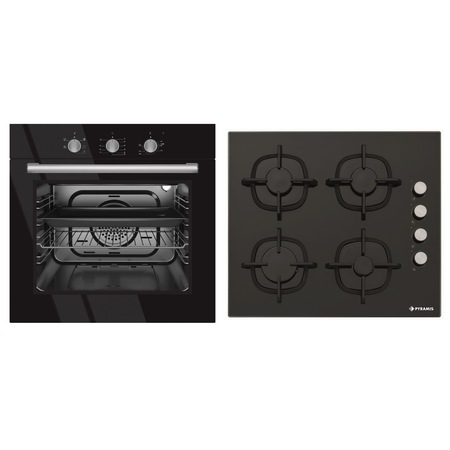 Pachet Cuptor incorporabil Pyramis Pyreco Black, Electric, 60 L, 5 functii, Timer, Clasa A, Inox, Plita incorporabila Pyramis, Gaz, 4 arzatoare, Aprindere electrica, 60 cm, Sticla neagra
