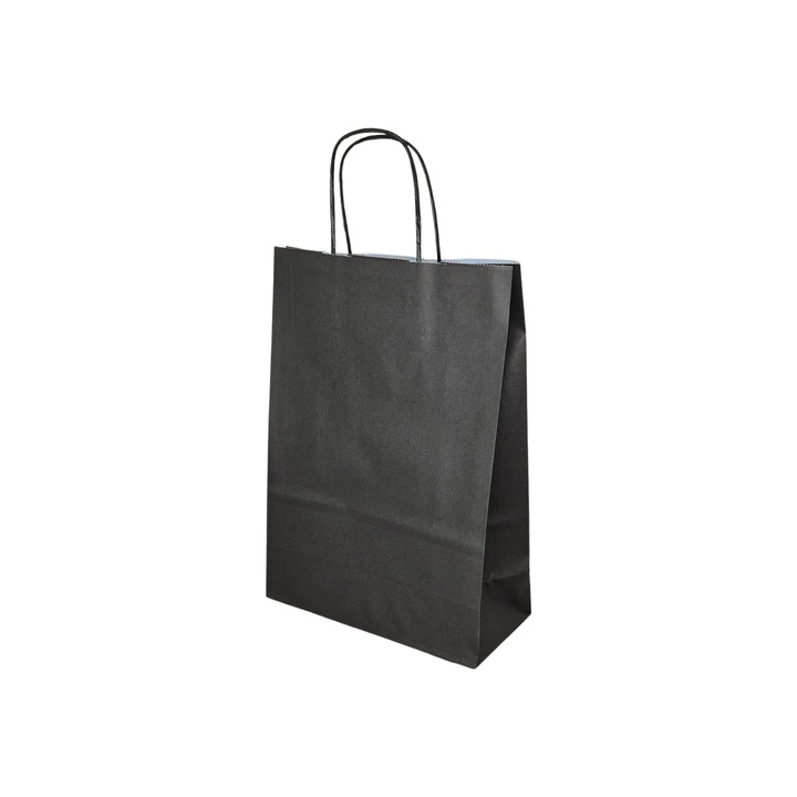 Set 500 bucati Pungi hartie Kraft Neagra, manere hartie rasucita, 22 x 31 x 10cm