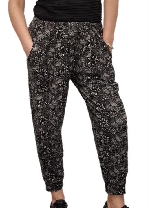 Pantaloni dama, de vara, cu buzunare, gri cu flori, model 14