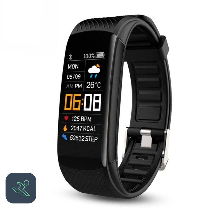 BRATARA FITNESS cu Ceas si Gps, NARCIX®, Android/iOS, Monitorizare ritm cardiac, Pasi, Mod de Antrenament, Black