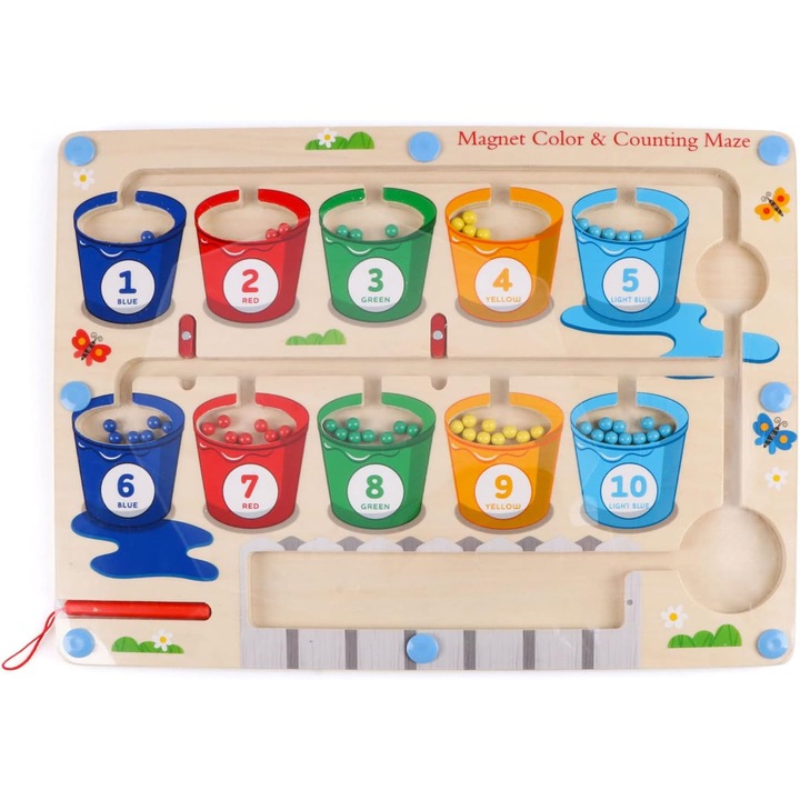 Joc Educational Magnetic Jacotoys din Lemn 4-in-1, Labirint cu Bile Colorate, Numere si Culori, Puzzle Montessori pentru Copii 3+
