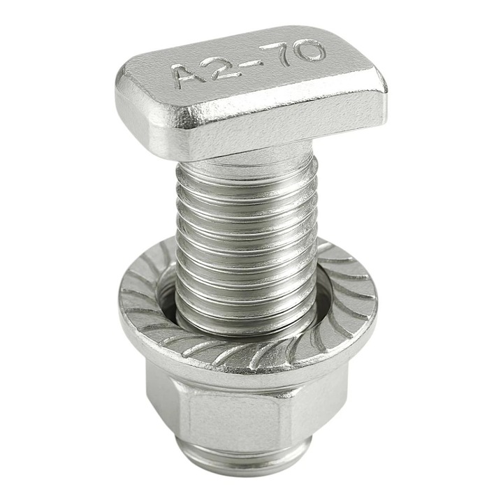 Set surub cap T, M10x25, si piulita autoblocare cu flansa M10, Inox A2, punga 10 buc