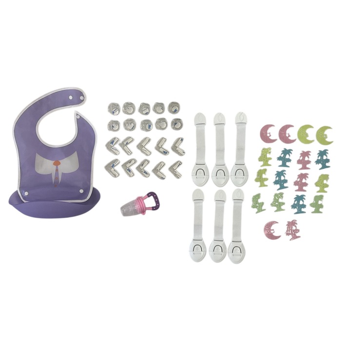 Комплект за безопасност на бебета и аксесоари, 28 части, силиконов лигавник, купа за плодове, протектори за мебели, стопери за чекмеджета, фосфоресцентни фигурки