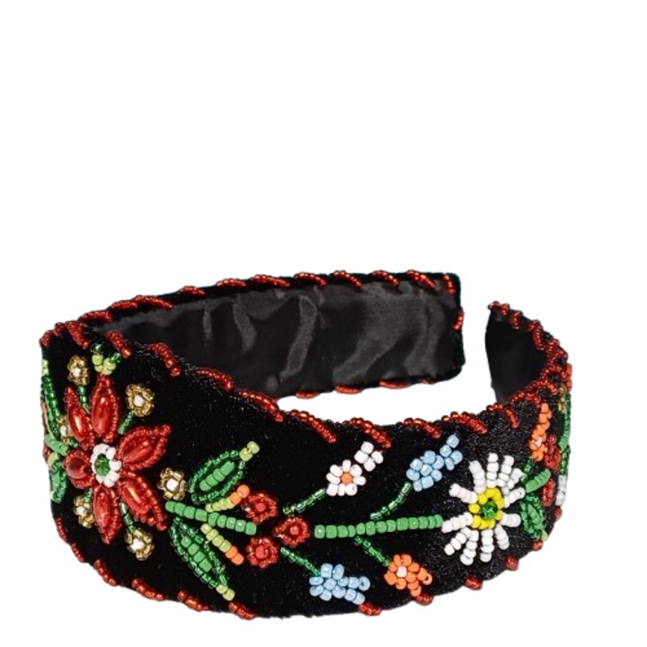 Cordeluta cusuta cu margele, latime 5 cm, negru cu multicolor