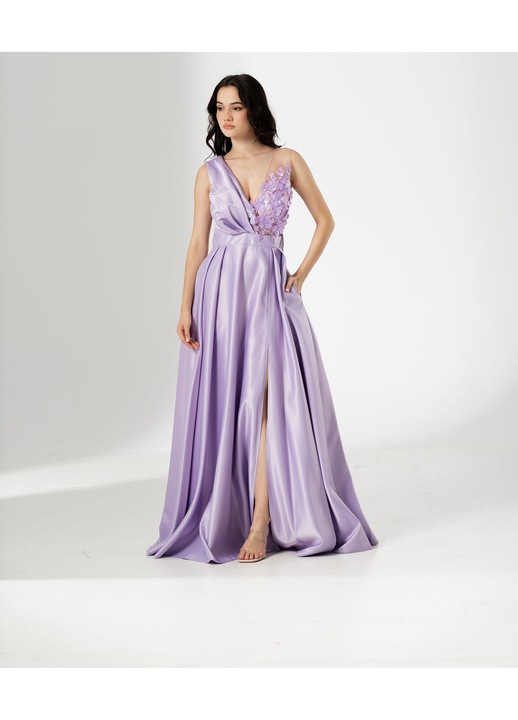 Rochie lunga TORA, din tafta cu flori 3D aplicate, Lila