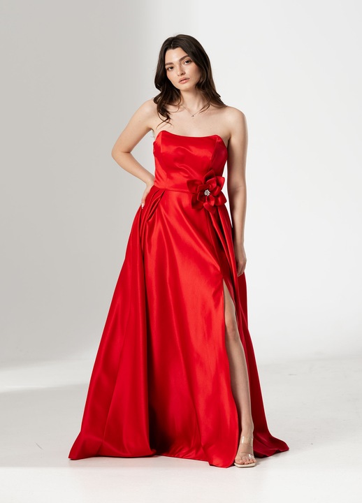 Rochie lunga CORALIA, din tafta cu accesoriu in talie, Rosu