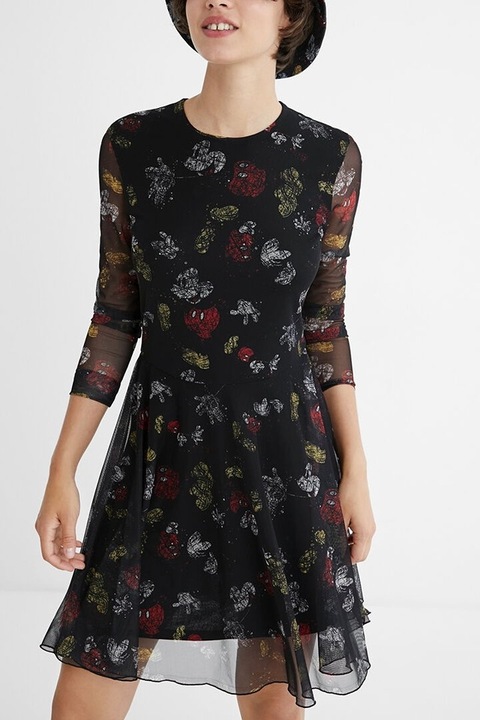 Rochie stratificata cu imprimeu animal print Mickey Lover, Negru, XS