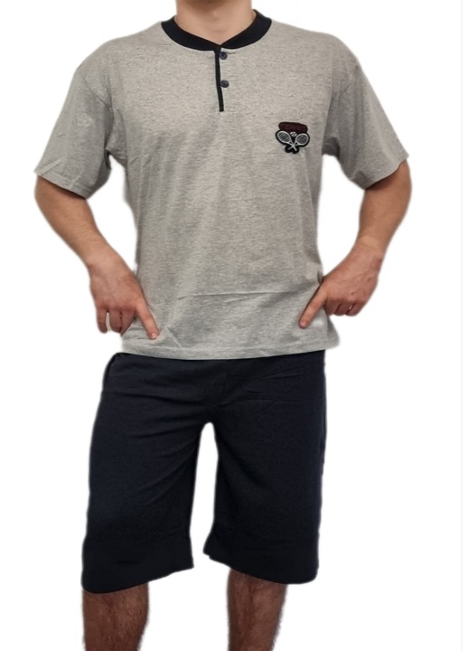 Pijama barbati, cu maneca scurta si pantaloni 3/4, bumbac, cu negru, Negru/Gri