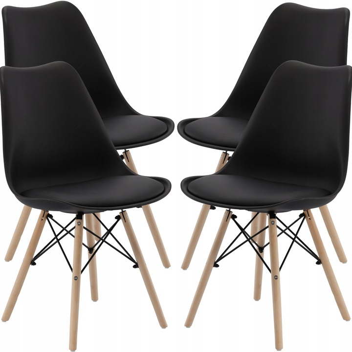 Set 4 scaune de bucatarie, design scandinav modern, sezut cu burete, negru