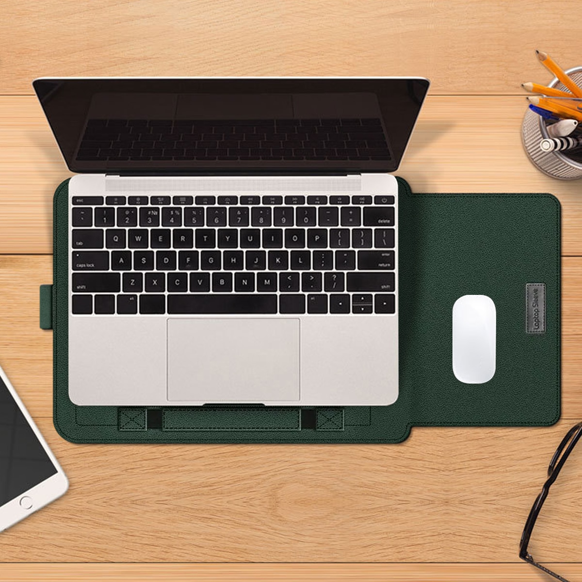 Geanta laptop verde ultra-subtire, Fokelyi, compatibila cu MacBook 13.3-16.1 inch, set accesorii inclus