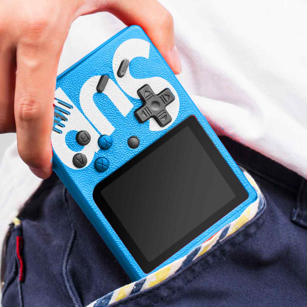 Consola de jocuri retro 400-in-One, Fokelyi, design eight-bit, 2 joystick-uri, albastra, 14x10x5.5cm
