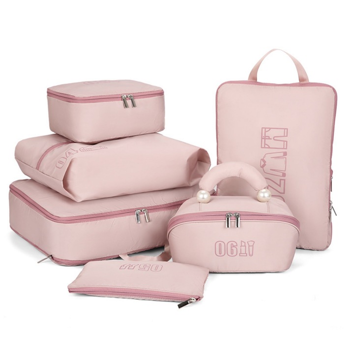 Set 6 genti de impachetare RUIOMII, roz, pentru Organizarea Bagajelor, usor si durabil, Ideal pentru Calatorii si Camping