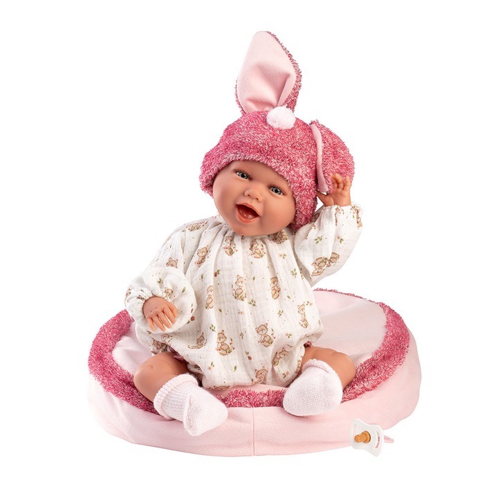 Papusa Llorens, Mimi cu pernita si caciulita iepuras, cu sunete, 42 cm