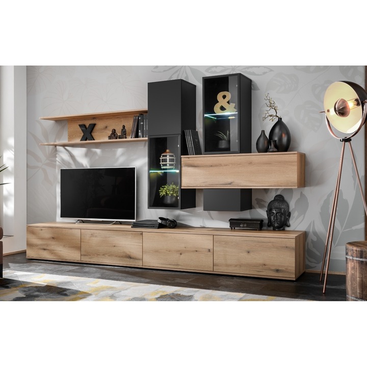 Mobila Living sufragerie moderna, pal stejar /negru, cu vitrine sticla, lumini led alb, deschidere usi prin apasare-push open, 280 cm lungime x 45 cm adancime, canturi abs