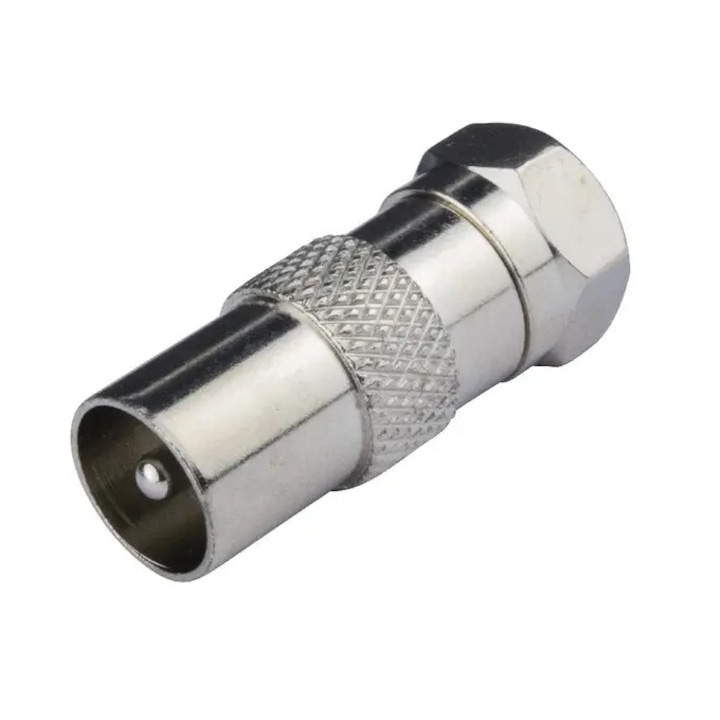 Адаптер за свързване на коаксиален кабел за телевизионна антена, мъжки TV конектор - мъжки F, 75 Ohm, никелиран, 10x28x12mm