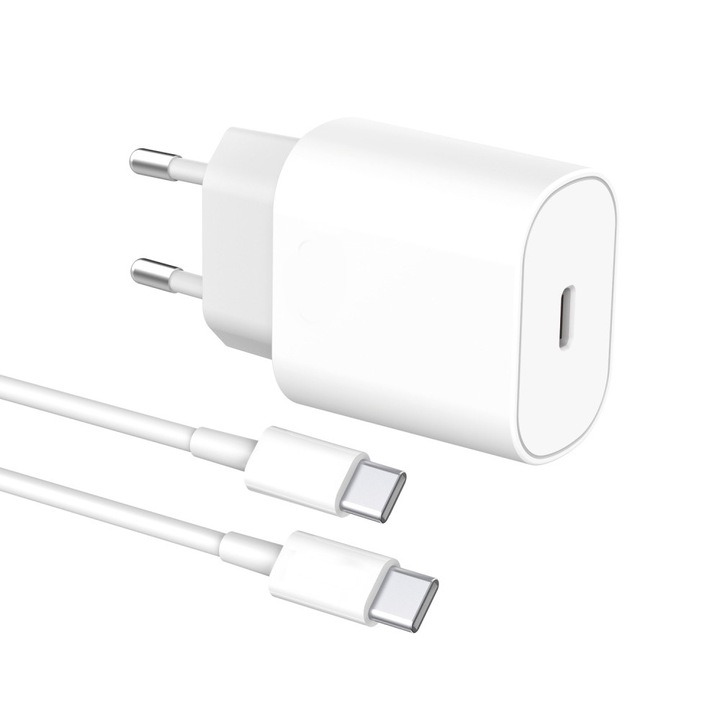 25 W-os hálózati töltőkészlet + Type-C / Type-C kábel, G-Tech, Samsung Galaxy S24 Fe készülékkel kompatibilis, Gyorstöltés, Fehér